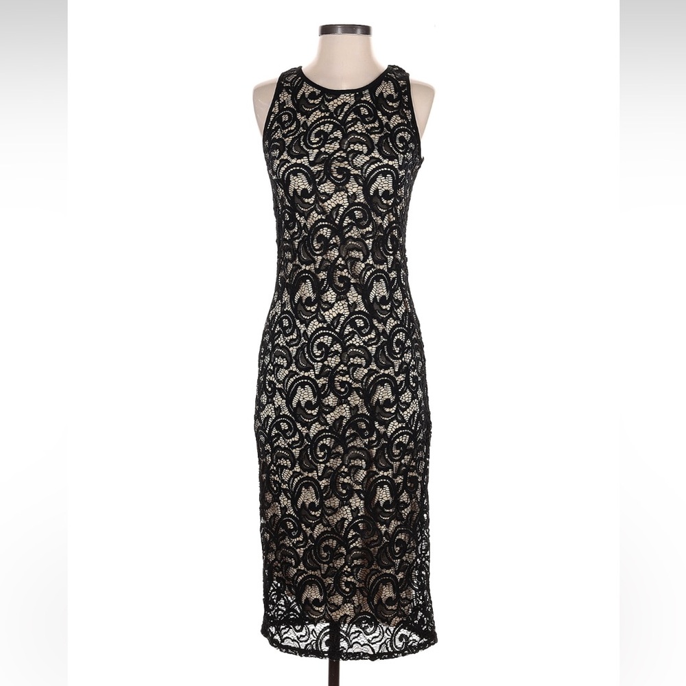 Ellen Parker Black Lace Midi Sleeveless Fitted Nylon Cocktail Sheath Dress Sz S